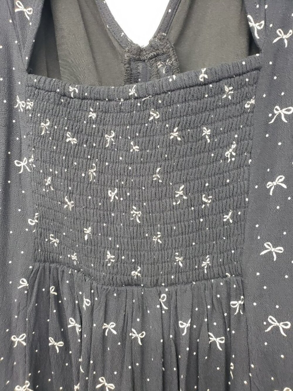 American Eagle Long Bell Sleeve Romper 70s Black White Bow Print Twee Fall Prep - Picture 12 of 13